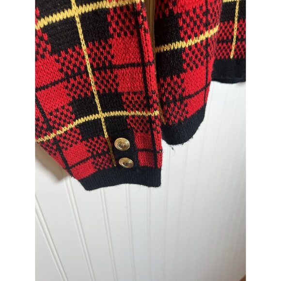 Women’s Vintage Red Plaid Sweater Gold Buttons Shoulder Pads Size Large Petite - Picture 3 of 5